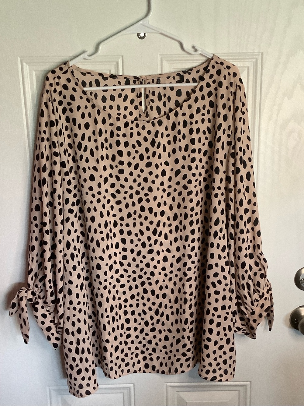 Womens Beige Polka Dot Tie-Cuff Blouse